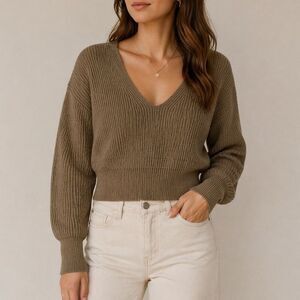 Free People Ribbed Knit V Neck Sweater XS Tan Fitted Cropped Boho